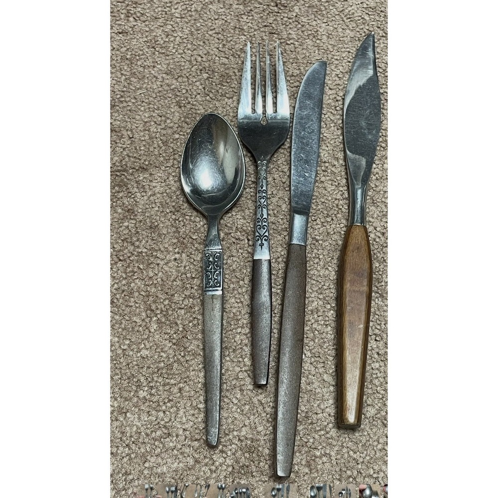 Vtg Ekco Eterna LA JOYA Stainless Steel Japan MCM Wood Silverware Spoon Flatware